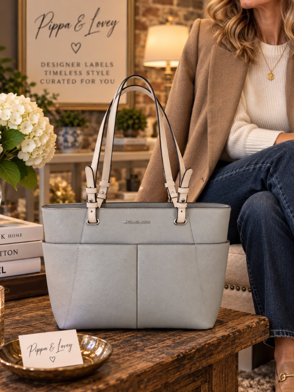 👜 Michael Kors Bedford Medium Pebbled Leather Tote Pearl Grey